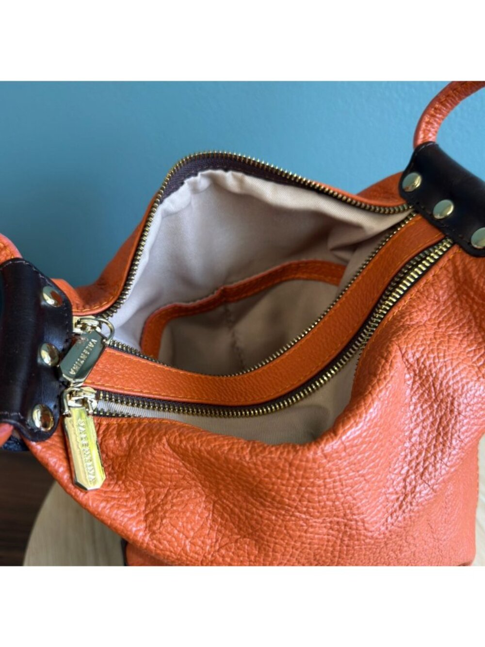 Valentina Italian Leather Shoulder Backpack Pebbled Orange Brown Many Pockets - Picture 12 of 16